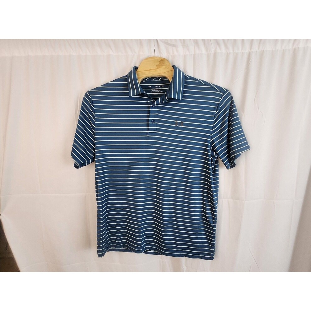 Under Armour Men's The Playoff Polo Blue Striped Short Sleeve Golf Shirt Size XL